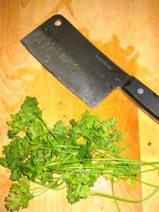 cutting board knife and green tea